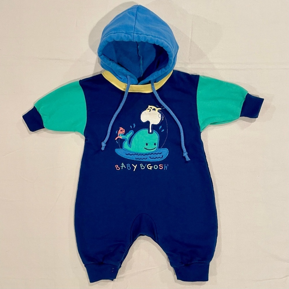 Vintage Baby BGosh Romper Boys 3-6M Whale Applique OshKosh Hooded Colorblocked